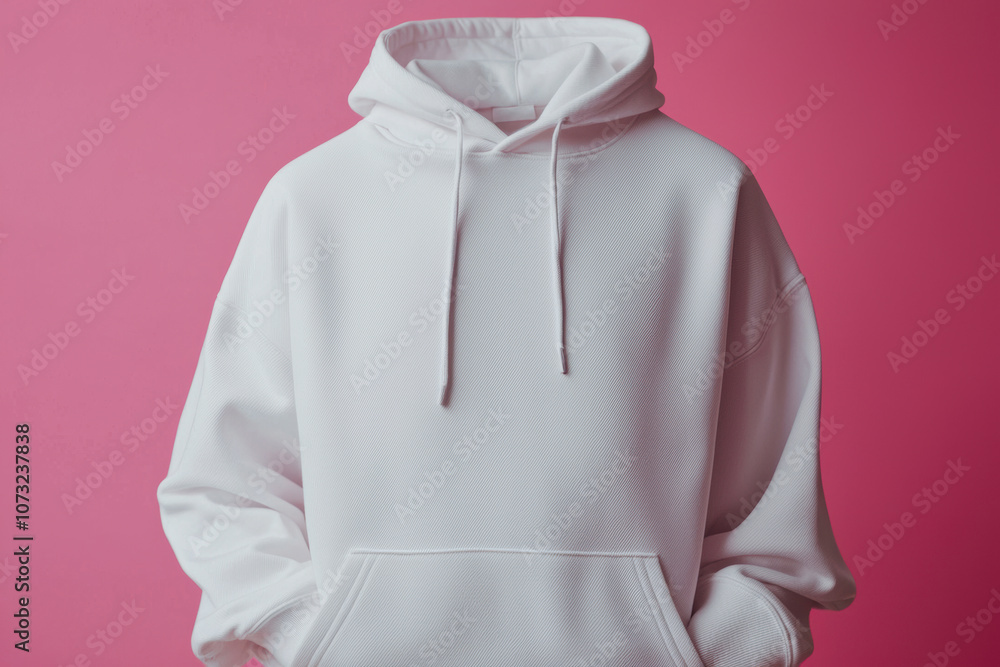 White hoodie mockup with front pocket on pink background White hoodie mockup with front pocket on pink background