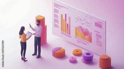 Digital marketing journey isometric seamless pattern. Line 3d icons, people characters, arrows. Develop, business infograph. Vector background teamwork concept illustration. Advertising strategy, seo.