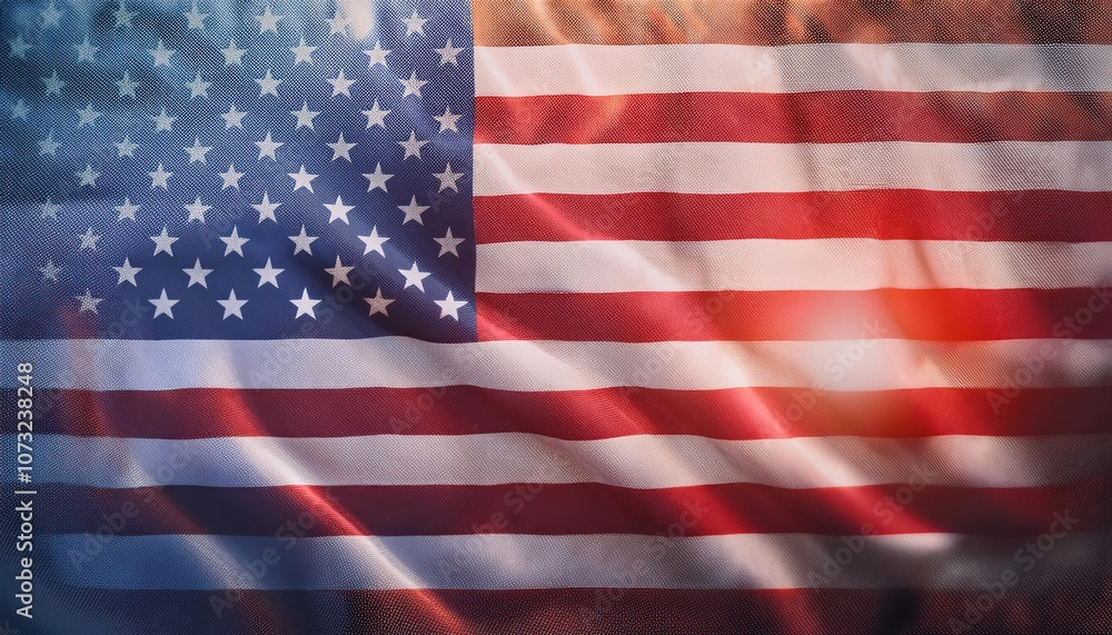 Fototapeta premium Vibrant Waving American Flag with Sunlight and Fabric Texture. USA Patriotic Symbol for Celebrations, National Events, Memorials, or Independence Day Themed Designs