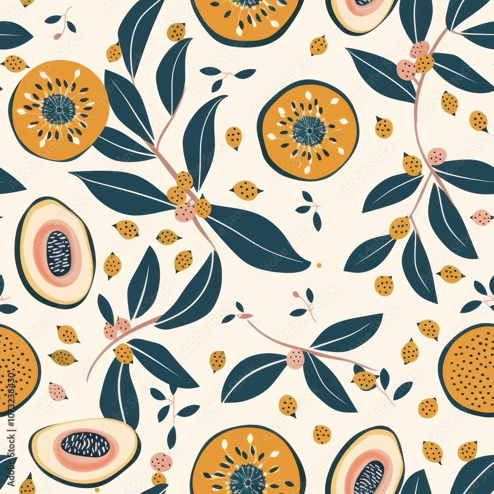 Seamless Pattern Featuring Passionfruit and Leaves on a Light Background Perfect for Fabric Design Seamless Pattern Featuring Passionfruit and Leaves on a Light Background Perfect for Fabric Design