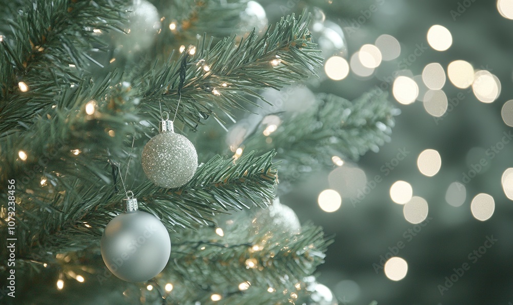 close up of christmas tree branches with lights and ornaments in the branches and a very smooth bokeh bright background with christmas lights .generative ai close up of christmas tree branches with lights and ornaments in the branches and a very smooth bokeh bright background with christmas lights .generative ai
