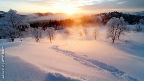 The mist envelops a snow-blanketed landscape, with bare trees and a soft golden sunrise, creating an ethereal and tranquil winter morning atmosphere.