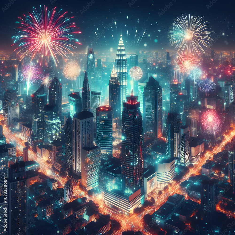 Sparkling City Skyline at Midnight concept as A high angled shot of a cityscape illuminated by fireworks at midnight. The glossy scene shows skyscrapers reflecting the colorful lights capturing the en Sparkling City Skyline at Midnight concept as A high angled shot of a cityscape illuminated by fireworks at midnight. The glossy scene shows skyscrapers reflecting the colorful lights capturing the en