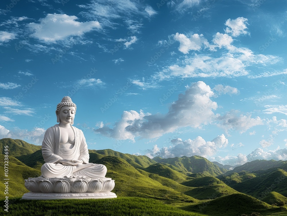 Majestic Buddha Statue Positioned on Hilltop Overlooking Scenic Landscape with Lush Greenery and Dramatic Skies, Perfect for Peaceful Themes Majestic Buddha Statue Positioned on Hilltop Overlooking Scenic Landscape with Lush Greenery and Dramatic Skies, Perfect for Peaceful Themes
