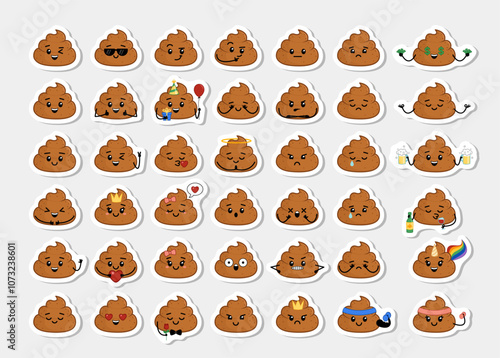 Sticker set of poop characters. Poops emotions in sticker pack. Cartoon. Isolated vector illustration eps 10