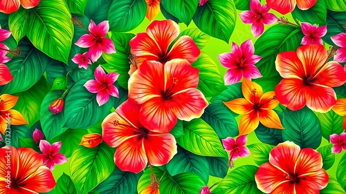 Wallpaper Mural Tropical Floral Paradise with Vibrant Red Hibiscus, Lush Green Foliage, and Delicate Pink Flowers Torontodigital.ca