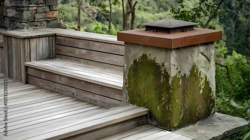 Detail of a wooden deck with stone accents, featuring a moss-covered pillar and lush greenery in the background. Detail of a wooden deck with stone accents, featuring a moss-covered pillar and lush greenery in the background.