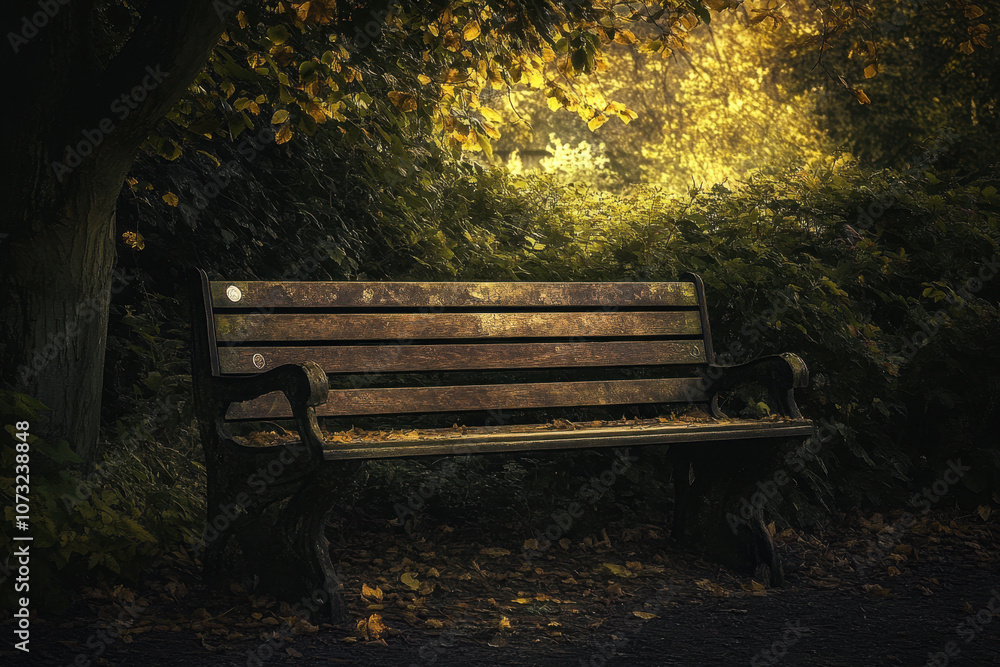 A serene wooden park bench surrounded by lush green foliage and bathed in warm golden sunlight, offering a peaceful spot for rest and reflection. A serene wooden park bench surrounded by lush green foliage and bathed in warm golden sunlight, offering a peaceful spot for rest and reflection.