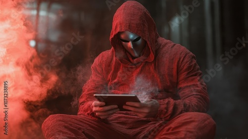 A mysterious person in a red hooded cloak wearing a metallic mask, seated in a foggy environment, engrossed in using a digital tablet, creating an enigmatic vibe. photo