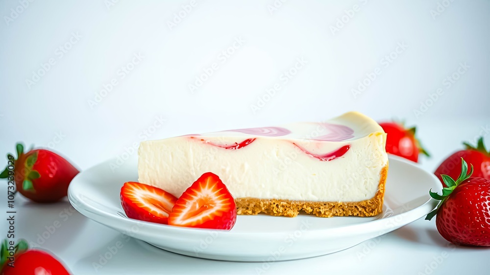 A slice of cheesecake with strawberry swirl filling on a white plate surrounded by fresh strawberries, a delightful sweet treat A slice of cheesecake with strawberry swirl filling on a white plate surrounded by fresh strawberries, a delightful sweet treat