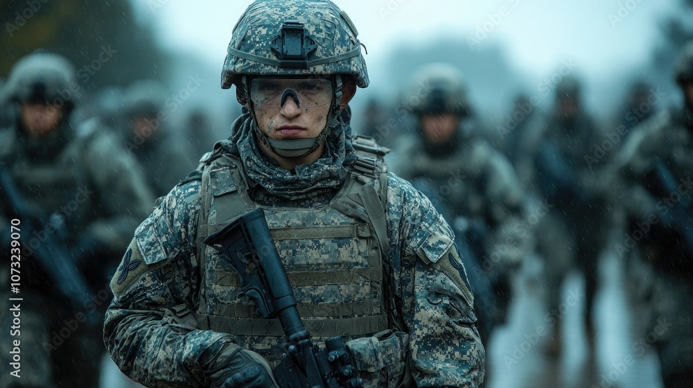 Soldiers in tactical gear preparing for a mission in the rain Soldiers in tactical gear preparing for a mission in the rain