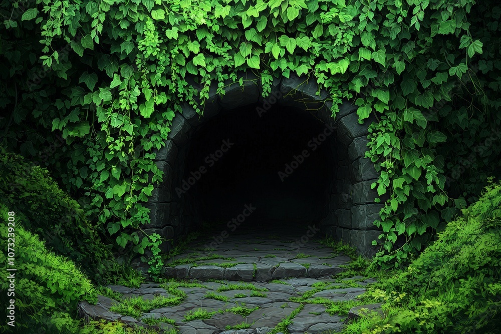 Enigmatic Cave Entrance Overgrown with Lush Ivy and Moss, Inviting Exploration into the Unknown Wilderness Scene with Vibrant Greenery Surrounding the Dark Opening Enigmatic Cave Entrance Overgrown with Lush Ivy and Moss, Inviting Exploration into the Unknown Wilderness Scene with Vibrant Greenery Surrounding the Dark Opening