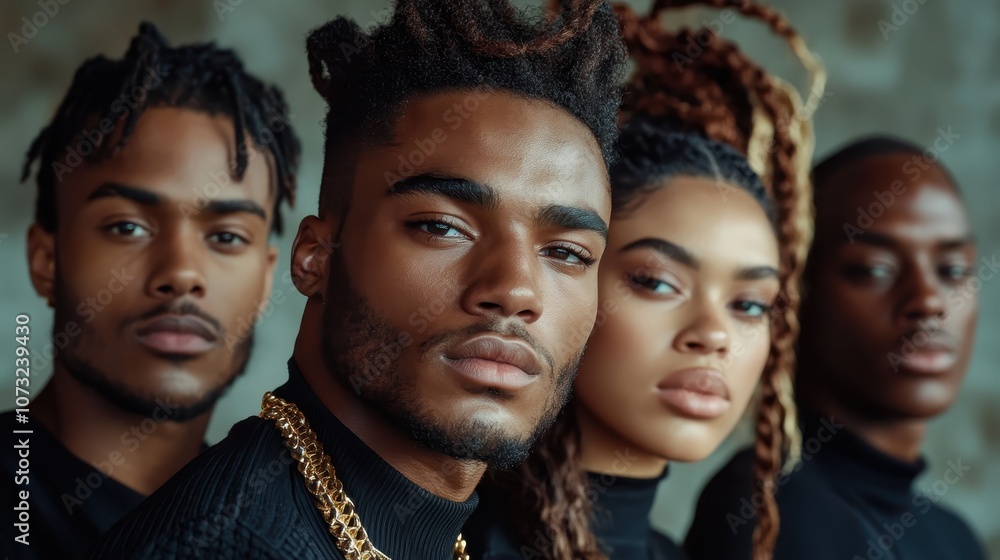 A stylish group of four individuals strikes a confident pose, each showcasing unique fashion sensibilities against a textured background, embracing diversity. A stylish group of four individuals strikes a confident pose, each showcasing unique fashion sensibilities against a textured background, embracing diversity.