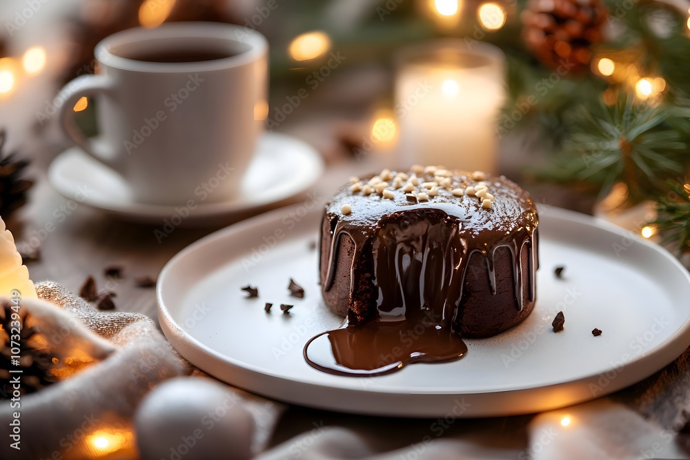 Close-up of a Moelleux au Chocolat, chocolate cake, with molten chocolate oozing onto a white plate on a Christmas-decorated coffee table. In the background, a cozy, festive apartment Close-up of a Moelleux au Chocolat, chocolate cake, with molten chocolate oozing onto a white plate on a Christmas-decorated coffee table. In the background, a cozy, festive apartment