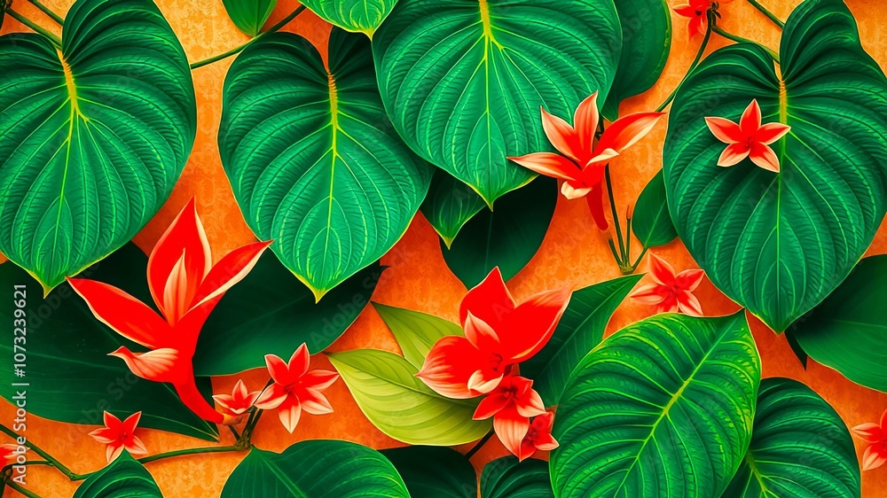 Fototapeta premium A vibrant arrangement of lush green foliage and delicate red flowers, a captivating botanical composition that exudes tropical charm.