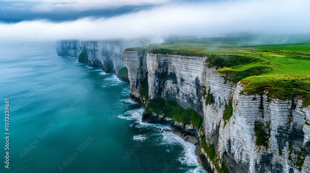 Dramatic Seaside Cliffs Shrouded in Fog with Waves Crashing Against the Rocky Shoreline at a Serene Coastal Location Dramatic Seaside Cliffs Shrouded in Fog with Waves Crashing Against the Rocky Shoreline at a Serene Coastal Location