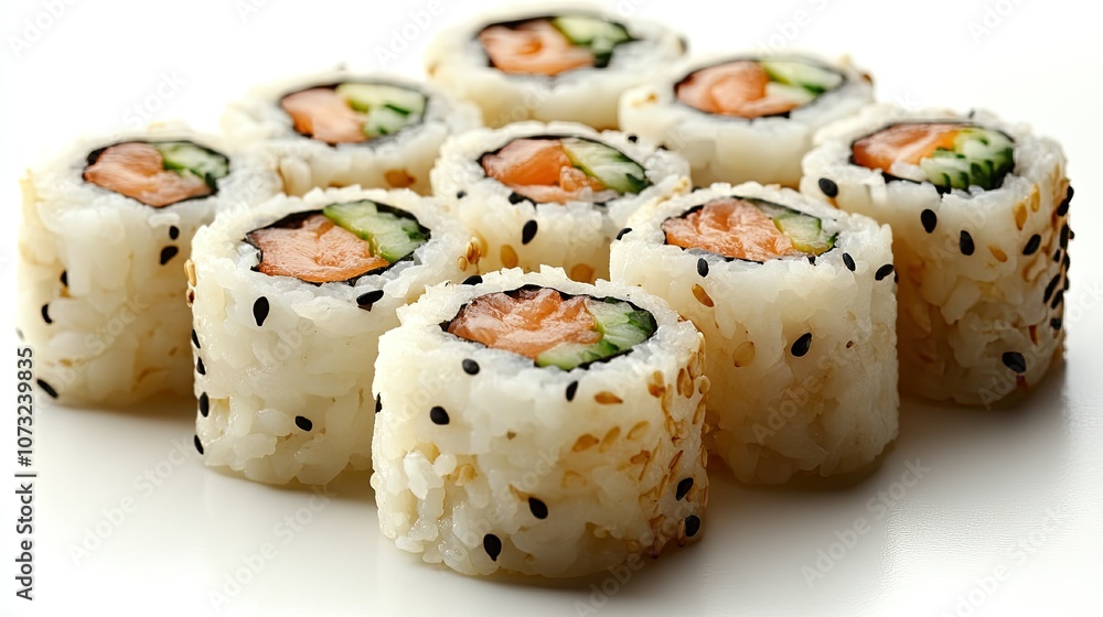 Delicious sushi rolls arranged beautifully on a white plate Delicious sushi rolls arranged beautifully on a white plate