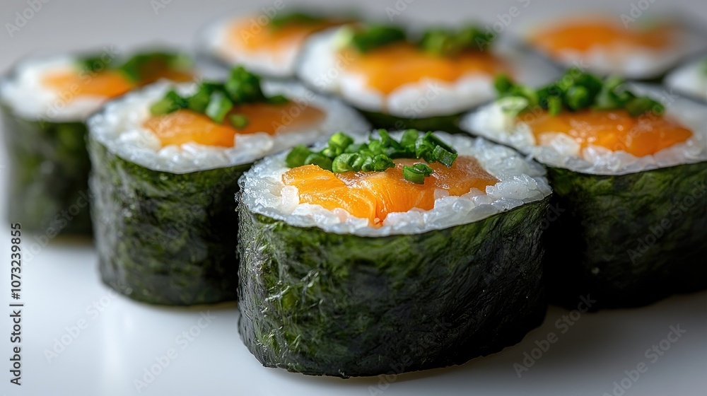 Delicious sushi rolls with salmon and green onions on white background Delicious sushi rolls with salmon and green onions on white background