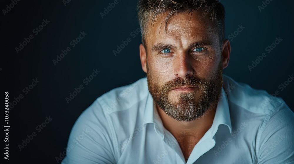 A man in a crisp white shirt exudes confidence with his striking blue eyes and beard, captured in a dark background, highlighting his charismatic presence. A man in a crisp white shirt exudes confidence with his striking blue eyes and beard, captured in a dark background, highlighting his charismatic presence.