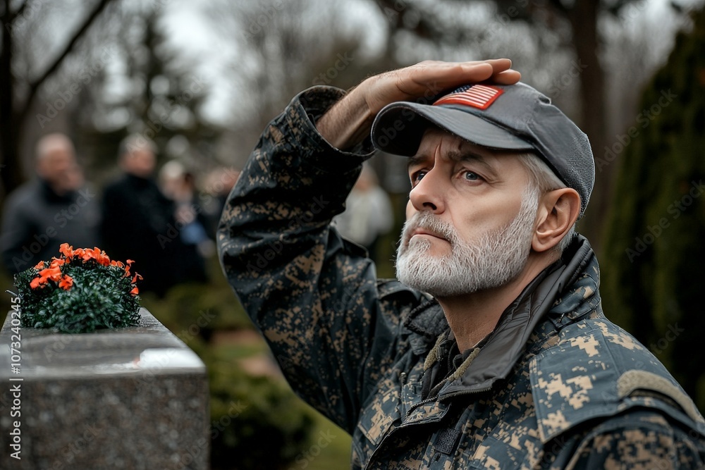 Veteran Saluting at Memorial Ceremony, Reflecting on Sacrifice Amid Remembrance, Capturing Emotion of Tribute to Fallen Heroes and Honor of Service Veteran Saluting at Memorial Ceremony, Reflecting on Sacrifice Amid Remembrance, Capturing Emotion of Tribute to Fallen Heroes and Honor of Service