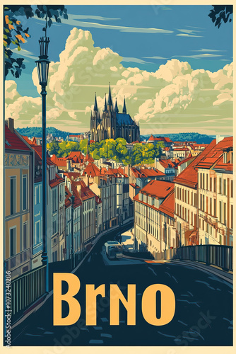 Brno, Czech, modern french vintage travel poster with bold title text. Cityscape and city skyline. Classic traditional. Clear, artistic, trendy