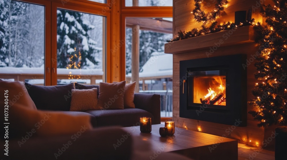 Cozy living room with fireplace and snowy winter view Cozy living room with fireplace and snowy winter view