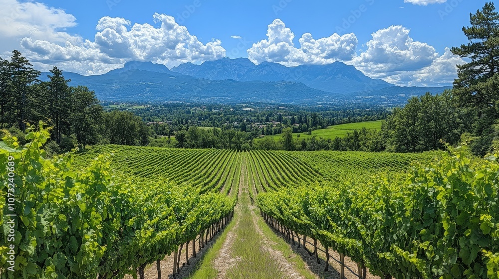 Picturesque vineyard landscape with mountains and blue sky