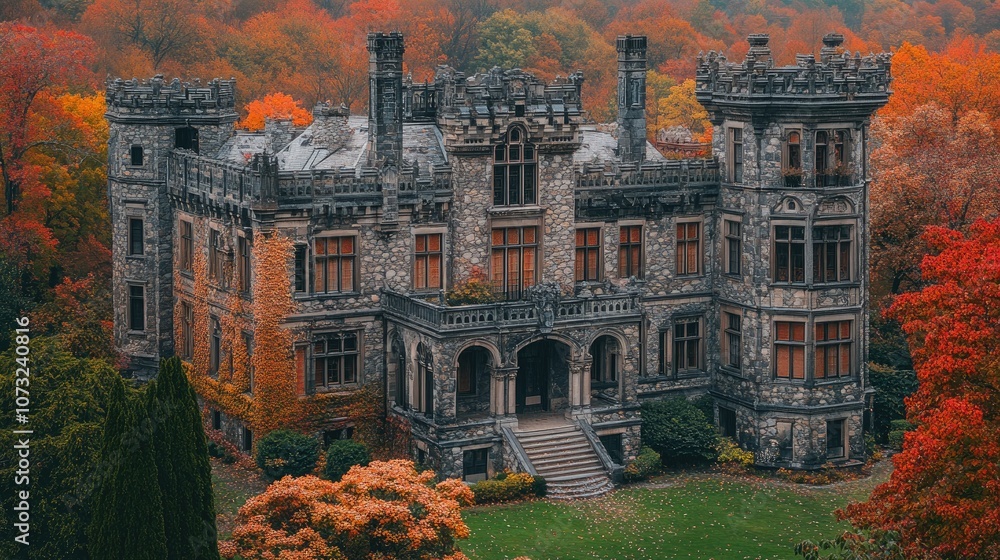 Naklejka premium Enchanting autumn landscape with a majestic stone castle
