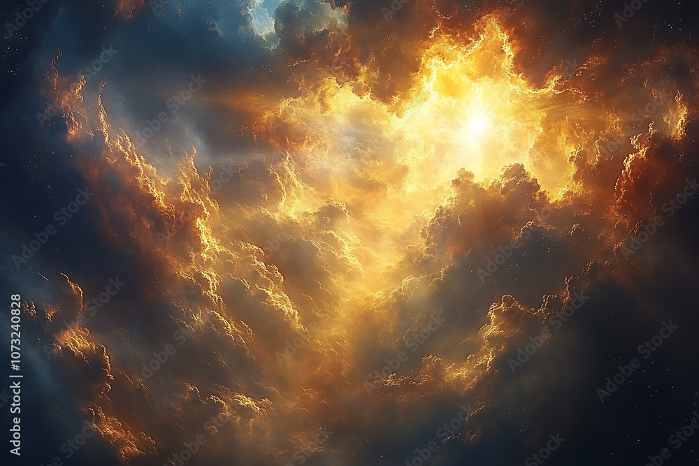 Fototapeta premium A majestic scene depicting the return of God, with radiant light and heavenly clouds, capturing a powerful divine presence in an awe-inspiring and holy atmosphere. 