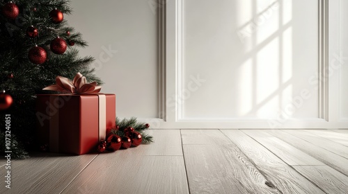 A classic Christmas scene featuring a beautifully decorated tree with red ornaments and a gift box beside it, perfect for festive season's greetings imagery. photo