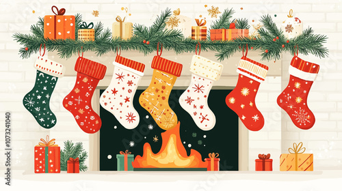 Cute flat illustration. Set of empty stockings hanging on the mantel on Christmas Eve. Christmas socks for fireplace mantel. Festive decoration interior room decoration. Winter and new year holiday.