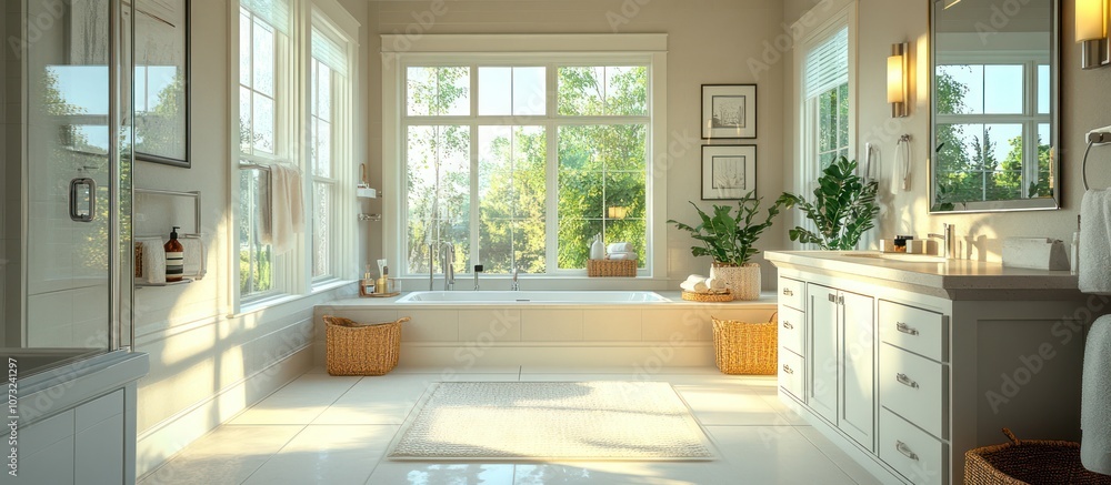 Bright and airy bathroom with large windows, a bathtub, and a double vanity. Bright and airy bathroom with large windows, a bathtub, and a double vanity.