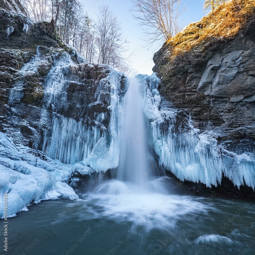 majestic waterfall frozen in mid-flow, its cascading water turned to ice majestic waterfall frozen in mid-flow, its cascading water turned to ice