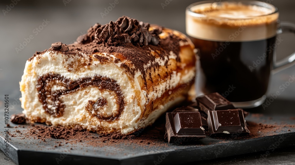 A sumptuous chocolate roll dessert swirled with creamy layers is paired with a cup of dark espresso, offering a rich and inviting culinary experience. A sumptuous chocolate roll dessert swirled with creamy layers is paired with a cup of dark espresso, offering a rich and inviting culinary experience.