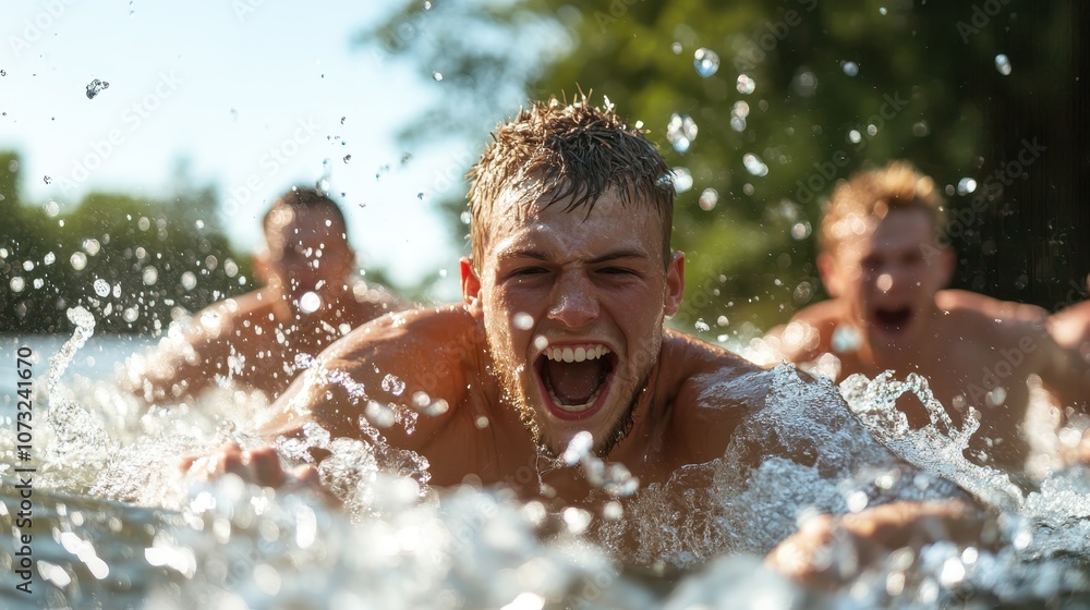 Obraz premium An exhilarating outdoor scene capturing the joy and excitement of young men splashing through water, epitomizing the freedom and fun of summer adventures.