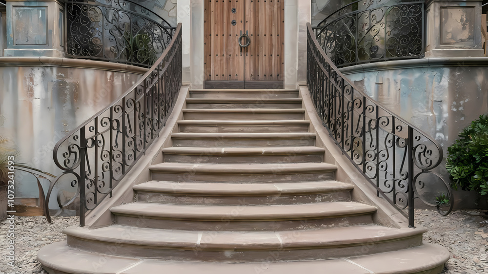 Elegant stone staircase with ornate iron railing leading to a wooden door, surrounded by charming landscaping and architecture. Elegant stone staircase with ornate iron railing leading to a wooden door, surrounded by charming landscaping and architecture.