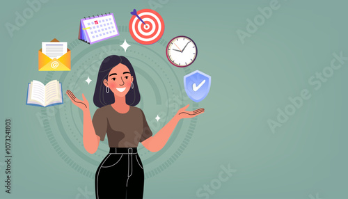 Productivity and multitasking concept. A capable businesswoman juggles icons of a calendar, clock, target, and email. Vector illustration for time management, project planning, and business skills.