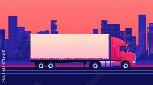 A vibrant graphic of a truck on a highway with a city skyline at sunset, highlighting modern transportation and urban life.