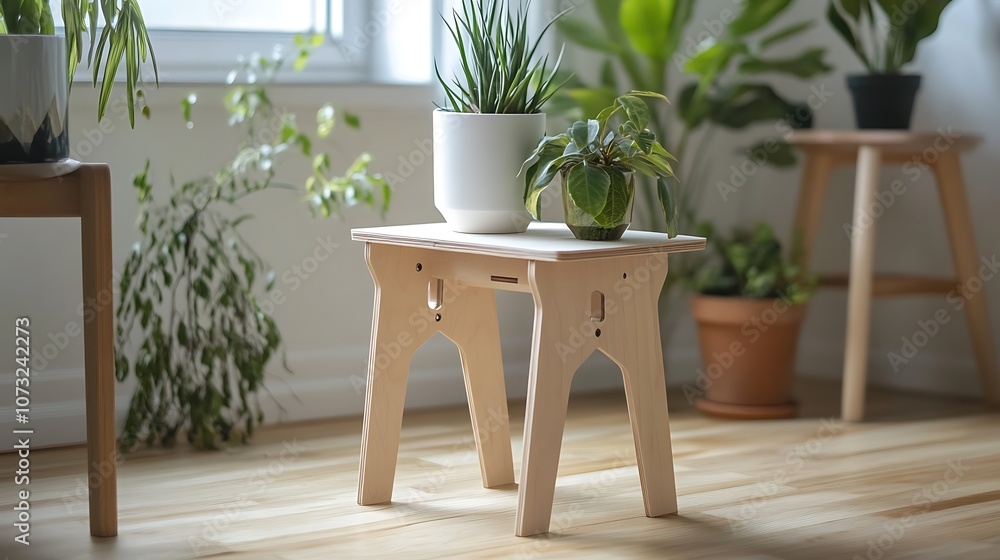 A light wooden stool with a white top sits on a hardwood floor in front of a window, with potted plants on the stool and to the right. A light wooden stool with a white top sits on a hardwood floor in front of a window, with potted plants on the stool and to the right.