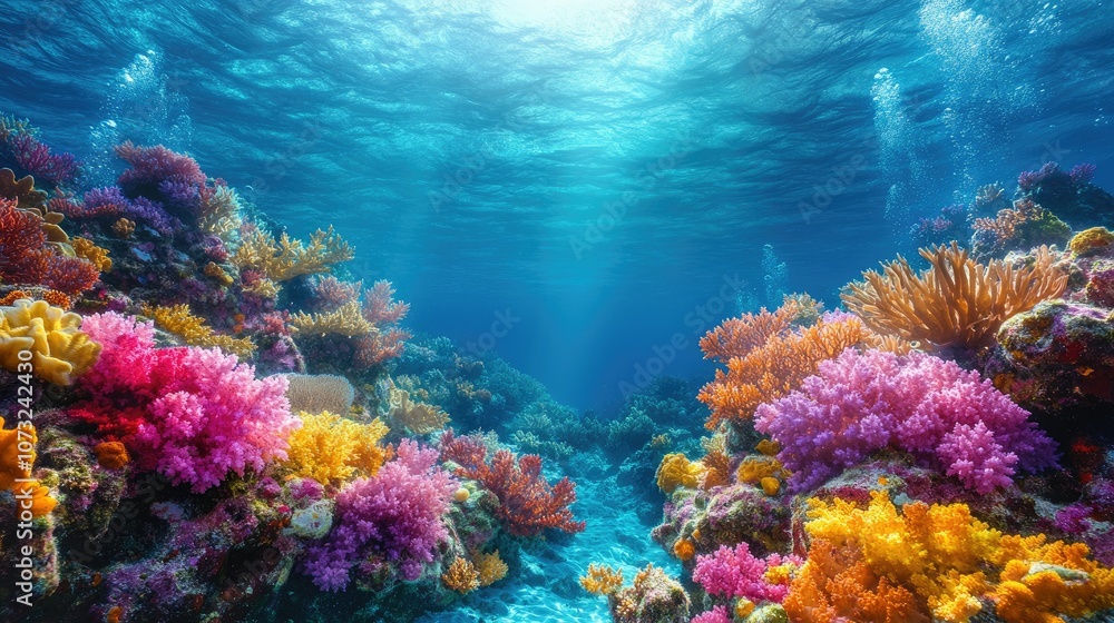 Vibrant coral reef teeming with life in crystal clear tropical waters Vibrant coral reef teeming with life in crystal clear tropical waters