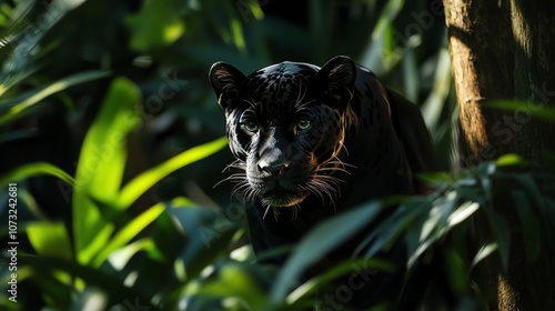 A black panther with piercing green eyes stares directly at the camera from amidst lush green foliage. photo