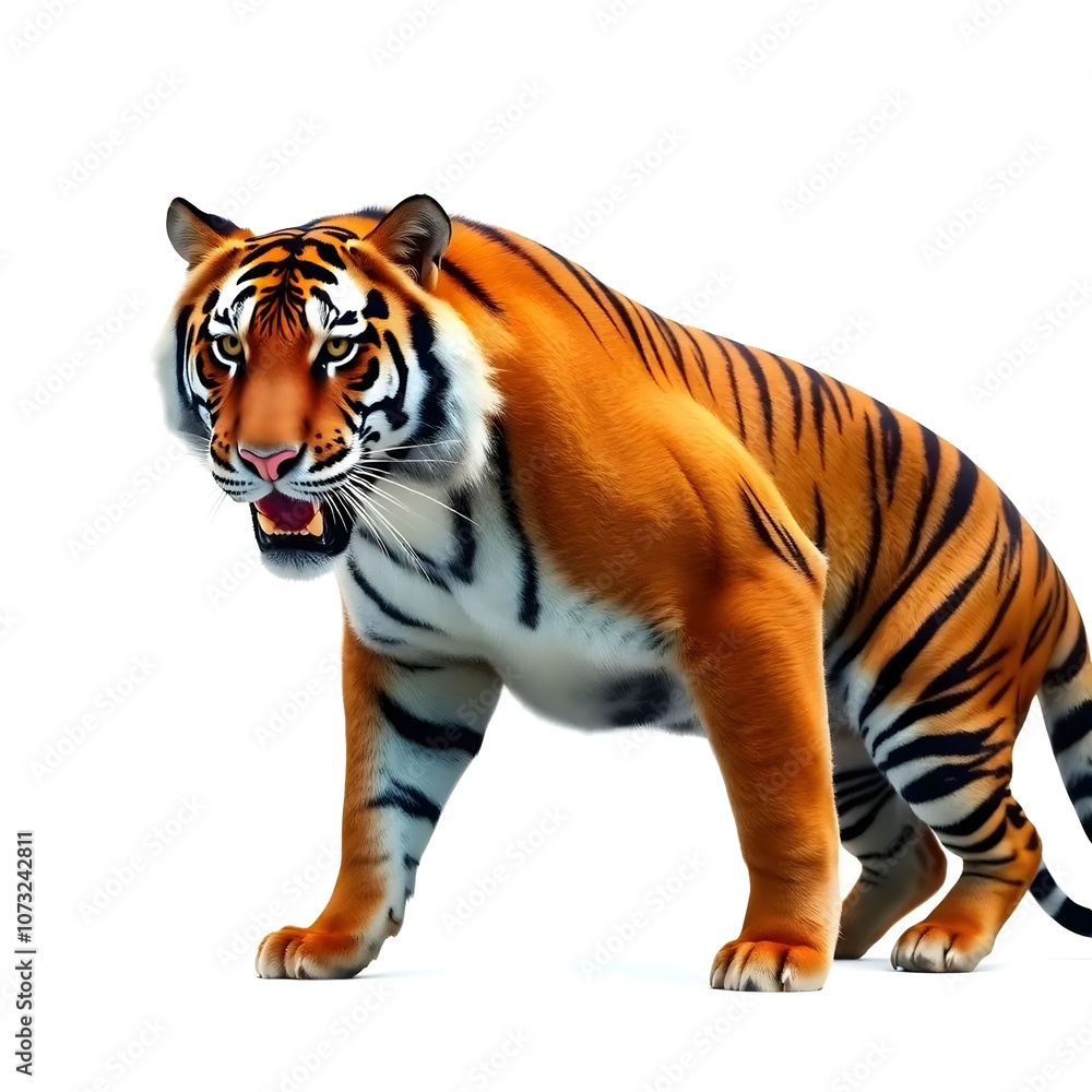 Naklejka premium Bengal tiger isolated on white and transparent background. Tiger walking isolated on white and transparent background The royal Bengal tiger attack looking camera on white background.