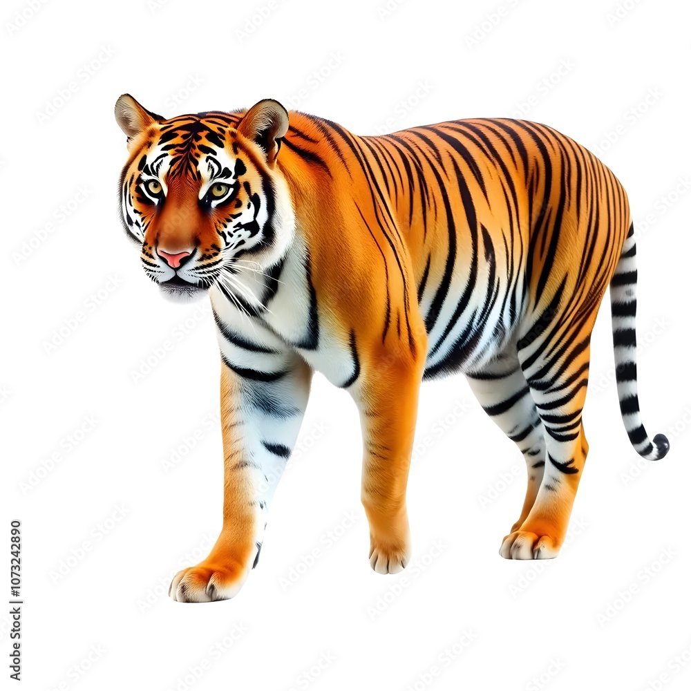 Obraz premium Bengal tiger isolated on white and transparent background. Tiger walking isolated on white and transparent background The royal Bengal tiger attack looking camera on white background.