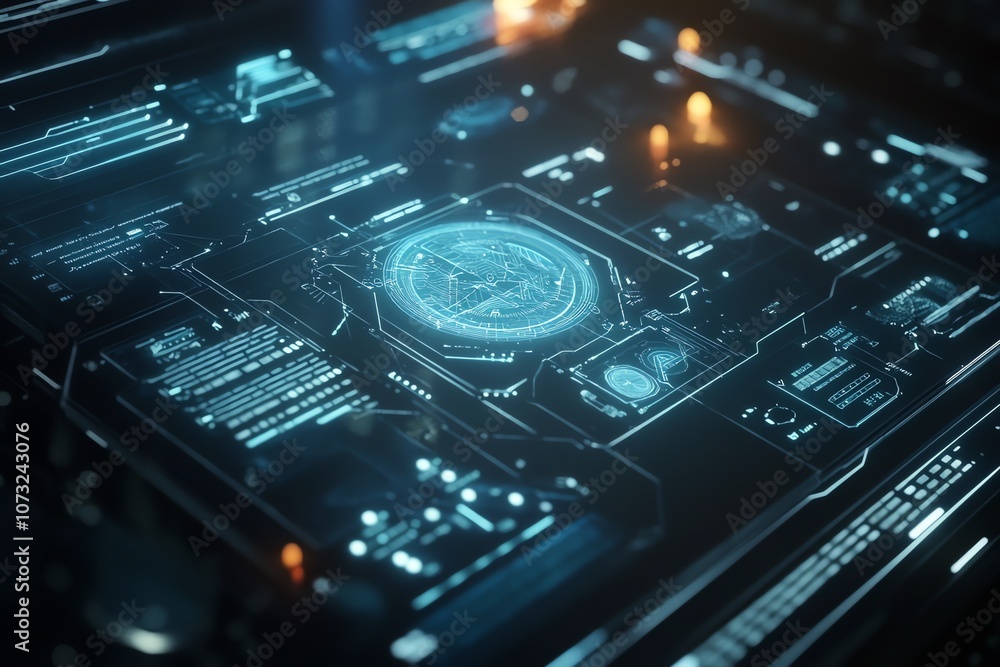 Abstract futuristic interface with glowing nodes. Abstract futuristic interface with glowing nodes.