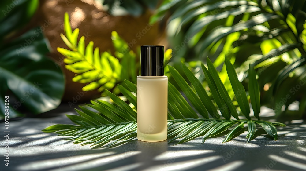 Elegant Perfume Bottle Amidst Lush Green Foliage Elegant Perfume Bottle Amidst Lush Green Foliage