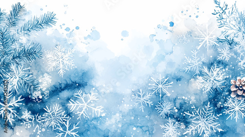 Beautiful falling snowflakes wallpaper. Winter dust ice particles, Snowfall weather white teal blue background. Snow hurricane scenery, Magic nature fantasy snowfall watercolor vector illustration.