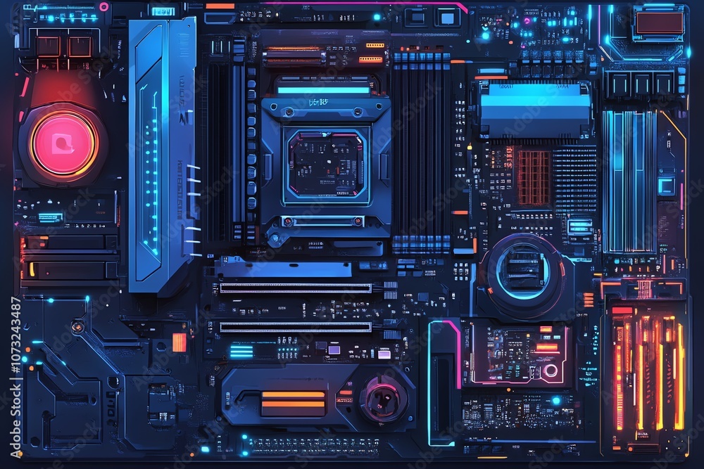 Sleek tech aesthetic with vibrant circuit highlights. Sleek tech aesthetic with vibrant circuit highlights.