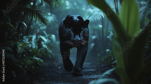 A black panther with piercing green eyes stares directly at the camera from amidst lush green foliage. photo