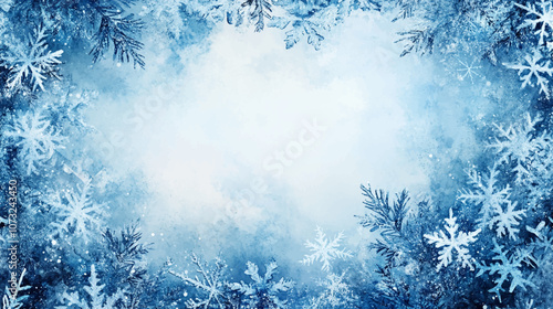 Beautiful falling snowflakes wallpaper. Winter dust ice particles, Snowfall weather white teal blue background. Snow hurricane scenery, Magic nature fantasy snowfall watercolor vector illustration.