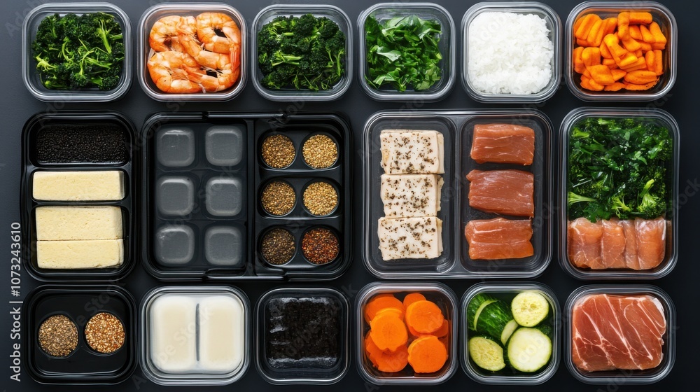 frozen meal prep containers with labels, top-down view, practical and organized frozen meal prep containers with labels, top-down view, practical and organized